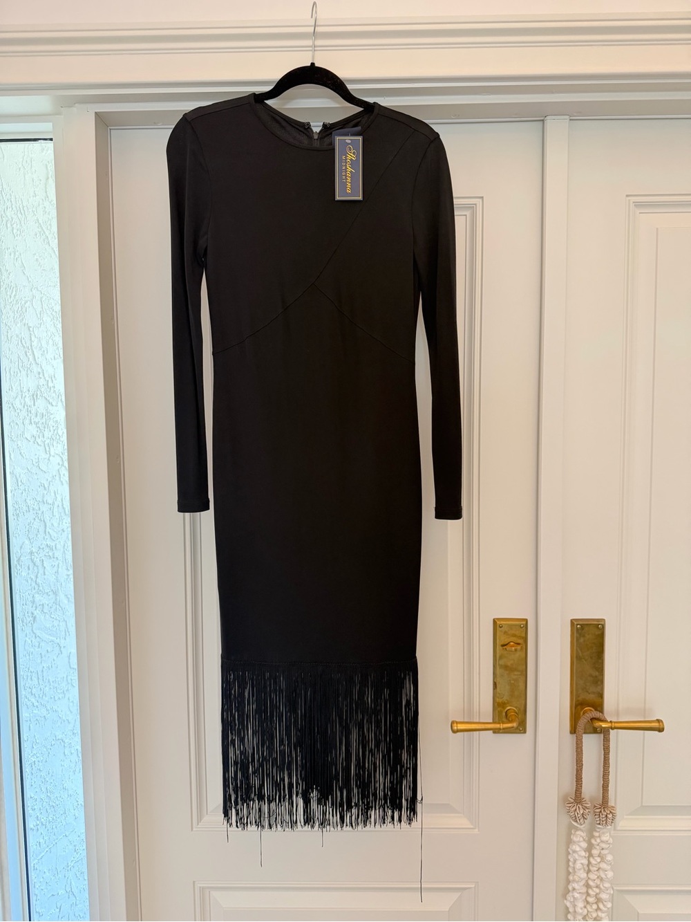 NWT Shoshanna Midnight Black Long-Sleeve Fringe Hem Midi Dress size 6